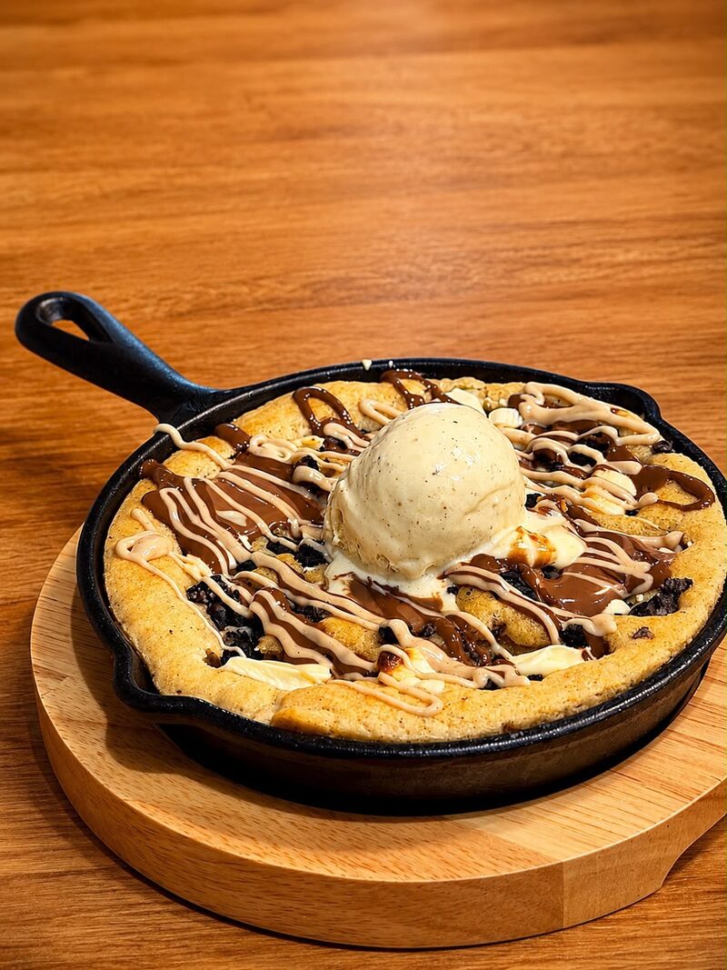 Cookie géant en poêlon avec boule de glace